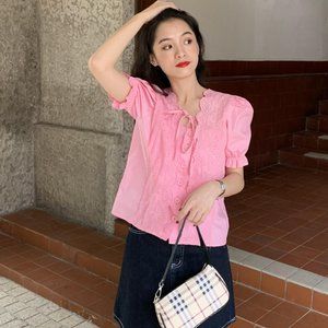 Simple white crochet stitching shirt single-breast